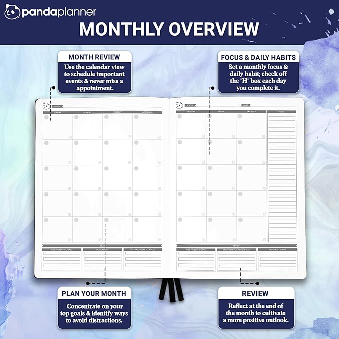 Panda Planner Pro A4 Daily Planner 2026 – 6 Month Undated Planner with Hourly Schedule, Large 8.5x11 Layout, To Do List, Daily Journal, Goal Planner, Habit Tracker & Gratitude Organizer for Home/Office – Purple