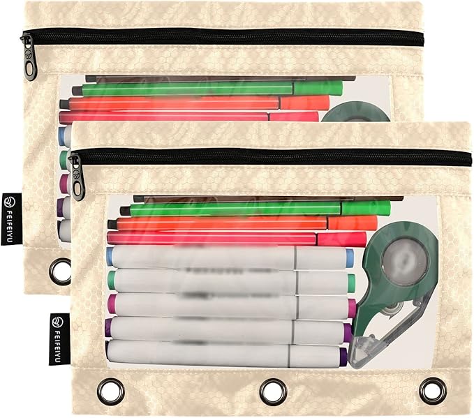 Gredecor Binder Pencil Pouch 3 Ring Bisque Zipper Pencil Pouches Case 2 Pack Clear Binder Organizer for School Office