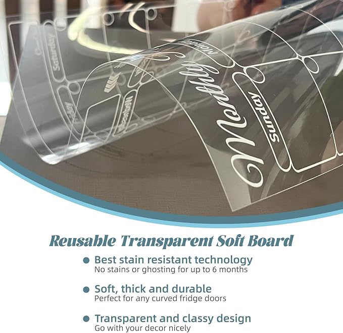 Clear Non-Magnetic Calendar Set for Fridge - Dry Erase Transparent Monthly, Weekly Calendar and Blank Board - Sticks to Wall, Glass, Door, Any Smooth Surfaces