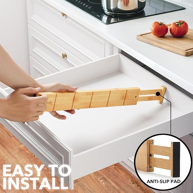 SpaceAid Bamboo Drawer Dividers with Inserts and Labels, Kitchen Adjustable Drawer Organizers, Expandable Organization for Home, Office, Dressers, 7 Dividers with 15 Inserts (17"-22" Natural)