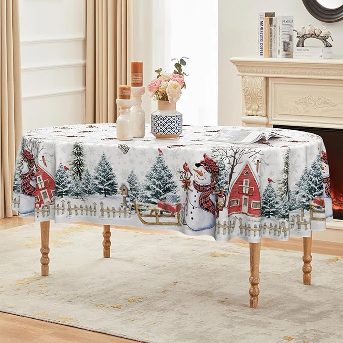 Horaldaily Christmas Tablecloth 60×84 Inch Oval, Winter Snowman House Christmas Trees White Washable Table Cover for Party Picnic Dinner Decor