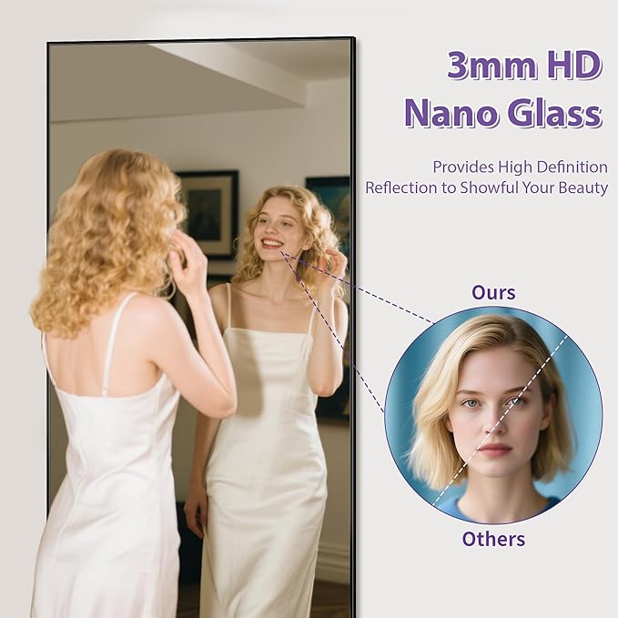 Full Length Mirror, 76"x34" Oversized Floor Mirror Freestanding, Full Body Mirror Floor Standing Mirrors with Stand, Hanging Mounted Mirrors for Bedroom Living Room, Black, Rect Style