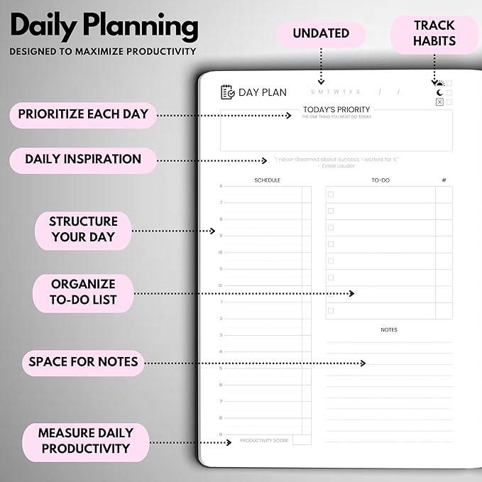 Undated Daily Planner – 6-Month A5 Productivity Organizer with Full Page Per Day, Hourly Schedule, Goal Setting, Habit Tracker, Weekly & Monthly Pages – Hardcover Time Management Notebook (Pink)