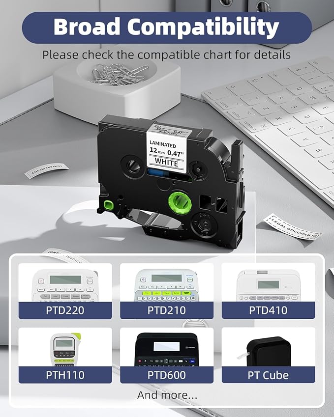 Replacement for Brother Ptouch Label Tape TZe-231 12mm 0.47" Laminated White Tape TZe231 Compatible with P Touch Label Maker Refills PT-D210 D220 1880 1890, 1/2 Inch TZ Black on White, 5-Pack
