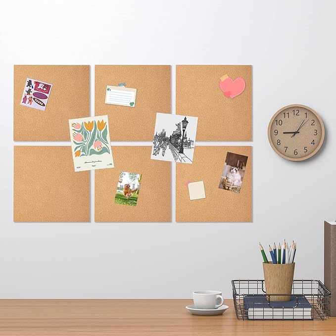 6 Pack Cork Bulletin Board 12 x 12 Inch - 1/2" Thick Cork Board Tiles,Self-Adhesive Frameless Cork Tiles Wall Decor with 50 PCS Pushpins for DIY, Office, School and Home Decor