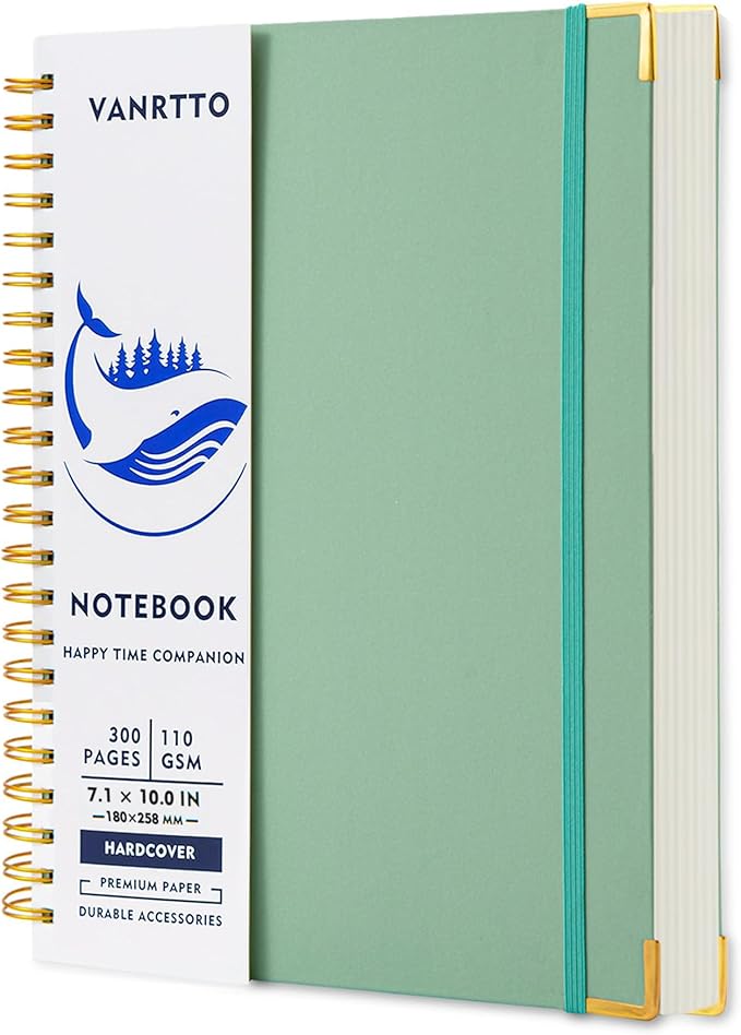 Spiral Notebook, Hardcover B5 College Ruled Notebooks, 300 Pages Notebooks for Work and School, 110 GSM Thick Papers Journals for Writing, Office Supplies for Women and Men Green B5