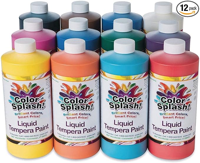 S&S Worldwide Color Splash! Liquid Tempera Bulk Paint, Set of 12 in 11 Bright Colors, 32-oz Easy-Pour Bottles, Great for Arts & Crafts, School, Classroom, Poster Paint, For Kids & Adults, Non-Toxic.