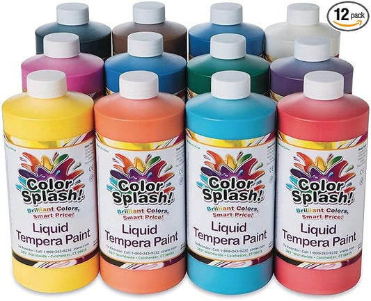 S&S Worldwide Color Splash! Liquid Tempera Bulk Paint, Set of 12 in 11 Bright Colors, 32-oz Easy-Pour Bottles, Great for Arts & Crafts, School, Classroom, Poster Paint, For Kids & Adults, Non-Toxic.