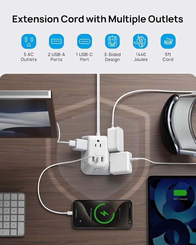 TROND Flat Plug Power Strip Surge Protector, 5FT Ultra Thin Extension Cord, 5 AC Outlets and 3 USB Ports, Wall Mountable, Compact Design for Home Office and Dorm Room Essentials