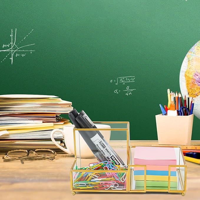 Desk Organizer with 3-Compartments,Glass Small Desk Organizer for Pens Pencils Business Cards Sticky Notes Paper Clips,Gold Stylish Pen Holder for Desk Home Office Decor