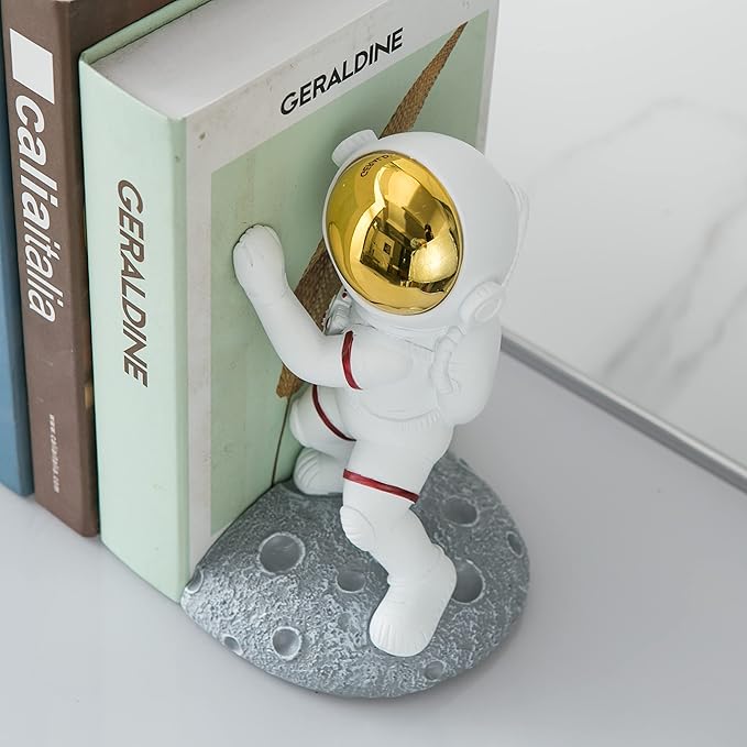 Space Theme Bookends for Shelves, Astronaut Moon Book Ends for Kids Room, Decorative Planet Book Stoppers to Hold Books Heavy Duty, Unique Boys and Girls Gift (Gray)