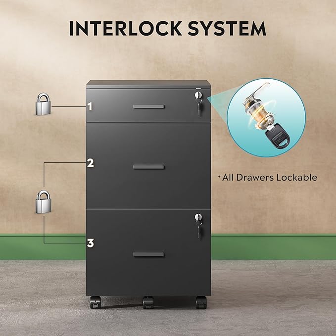 DEVAISE 3 Drawer Rolling File Cabinet with Lock, Wood Filing Cabinet fits Letter / A4 Size for Home Office, Black