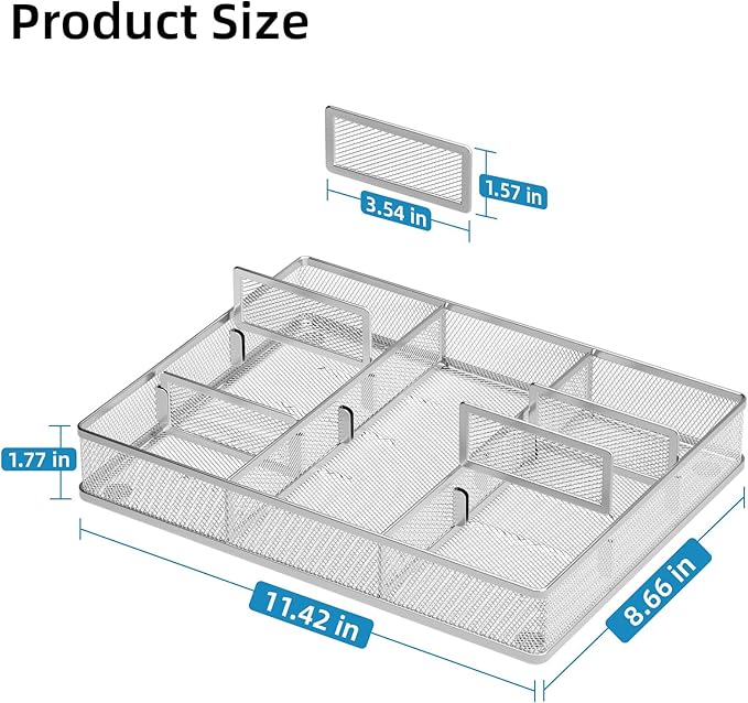 Marbrasse Desk Drawer Organizer, Metal Mesh Drawer Organizer Tray with 5 Adjustable Compartments,Desk Organizers and Accessories for Home,Office,Kitchen,Makeup,Vanity (Silver)