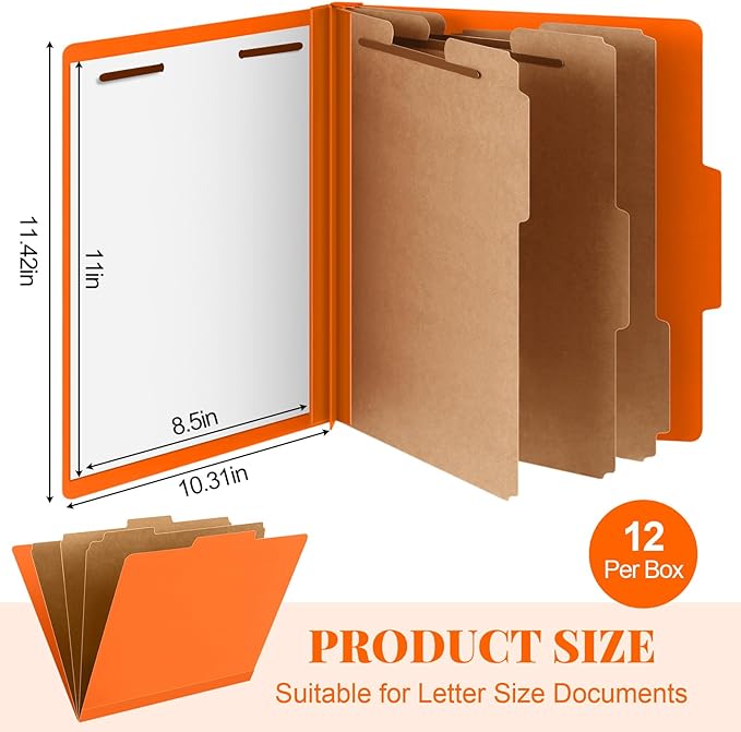 Skyygemm 12 Pcs Classification Folders Letter Size, 3 Divider Pressboard File Folder with Fasteners, Expanding File Organizer Bulk for Teachers, Clergy, Office, Church, Christmas Donations (Orange)