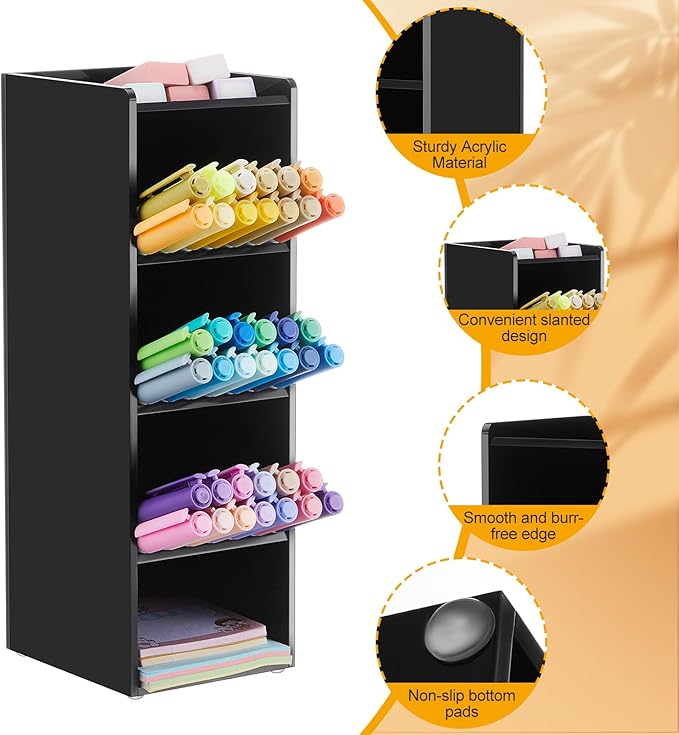 Acrylic Pen Organizer Storage for 50 Markers Vertical Marker Organizer Acrylic Pen Display Holder for Office Desk Desktop Stationery Pencil Storage, Black, 3.4 x 4 x 10.2 Inch