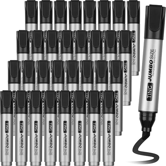 Fuutreo 32 Pcs Jumbo Permanent Markers Bulk Large Chisel Tip Permanent Markers Waterproof Jumbo Pens Quick Drying Office Teacher Supplies(Black)