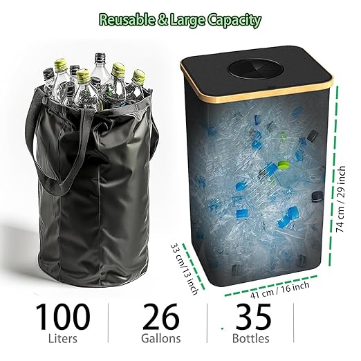 Recycling Bin for Kitchen Indoor Home, Large 100L/ 27 Gallon Recycle Bin with Lid Removeable Reusable Inner Bag Bottle Can Glass Waste Plastice Stickers (White, 27 Gallon)