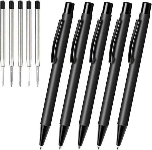 Cambond Ballpoint Pens Black Pens - Metal Pen Retractable Ink Pens for Journaling Business Police Men Flight Attendant 1.0mm Medium Point Smooth Writing, 5 Pen with 5 Refills (Black)