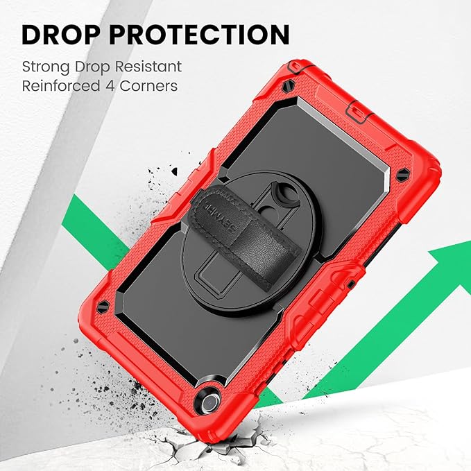 SEYMAC Case for Samsung Galaxy Tab A9+/ A9 Plus 11" (SM-X210/X216/X218), Heavy Duty Shockproof Protective Case with Screen Protector, Rotating Stand, Hand/Shoulder Strap and Pen Holder, Red