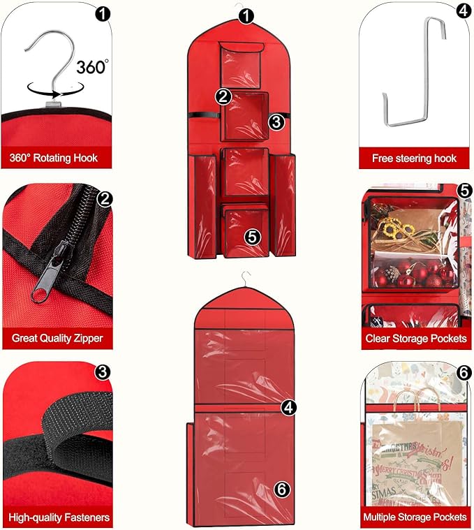 Hanging Gift Wrapping Paper Storage, 40"X17" Red Double-Sided Christmas Wrapper Bag Container, Oxford Craft Roll Organizer, Present Wrap Holder for Bedroom Closet, Door, Cabinet