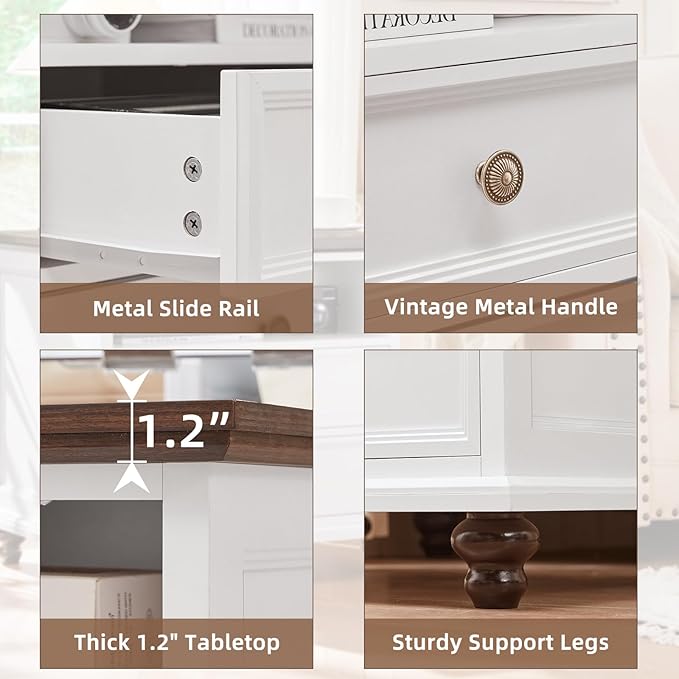 24" Wide Farmhouse Nightstand with Charging Station, End Table with 2 Drawers, White Wood Dresser for Bedroom Cabinet, Bed Side Table Chest of Drawers, Night Stand for Living Room, Closet