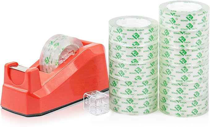 Cute Red Desk Tape Dispensers, 1 Pack with 12Rolls Transparent Tape, 1 Inch Core, for School, Office and Home DIY, BOMEI PACK