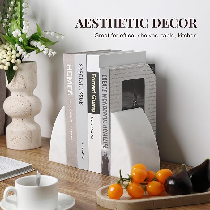 Koville Marble Bookends for Shelves, Large Bookends for Heavy Books, Natural Stone Book Stopper for Books CD Movies, Aesthetic Decorative Book Ends (White)