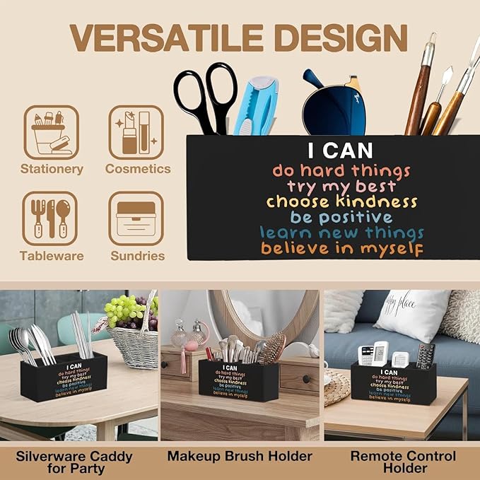 Inspirational Pen Pencil Holder Organizer for Desk Accessories, Boho Classroom Decor, I Can Do Hard Things Motivational Wooden Box Signs Decorations for Counseling Office Desk Tabletop