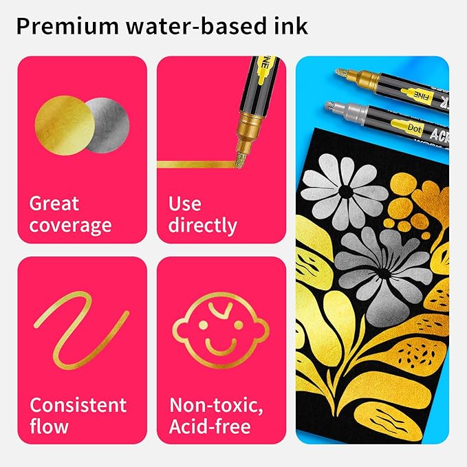 NAWOD 6 Gold and Silver Acrylic Paint Pens Markers, with Fine Tip and Medium Tip, for Rock Painting, Fabric, Canvas, Glass, Wood, Paper, DIY, Ceramic, Paint Markers for Kids and Adults