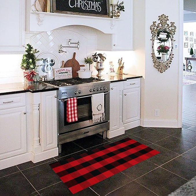 Christmas Plaid Outdoor Rug, 2' x 4'3'' Red & Black Check Indoor/Outdoor Area Rug, Layering Rug for Hello/Welcome Door Mat, Machine Washable Cotton Woven Rug for Farmhouse Front Porch, Entryway