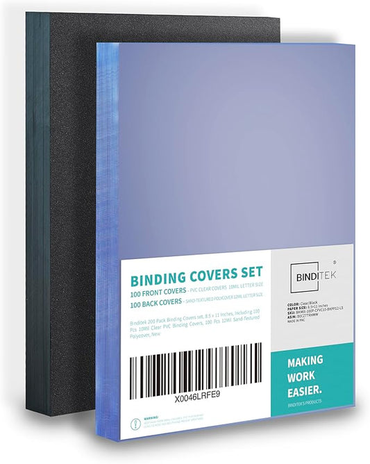 Binditek 200 Pack Binding Covers and Backs Set, 8.5 x 11 Inches, 100 Clear PVC (10 Mil), 100 Sand-Textured Polycovers (12Mil), Letter Size