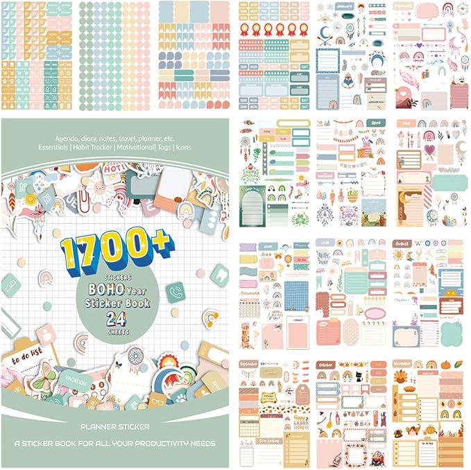 1700+ Planner Stickers Book, 24 Sheets Waterproof Repositionable Stickers for Journal, Bullet Planner, Scrapbook & Calendar, Functional Decorative Sticker Set & Gift (Boho Style)