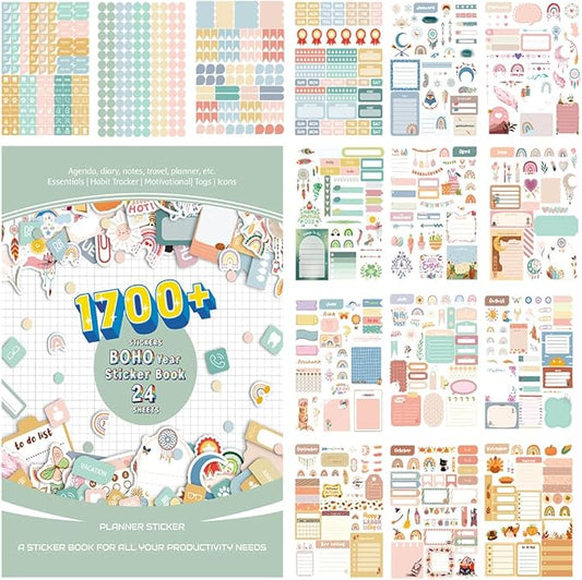 1700+ Planner Stickers Book, 24 Sheets Waterproof Repositionable Stickers for Journal, Bullet Planner, Scrapbook & Calendar, Functional Decorative Sticker Set & Gift (Boho Style)
