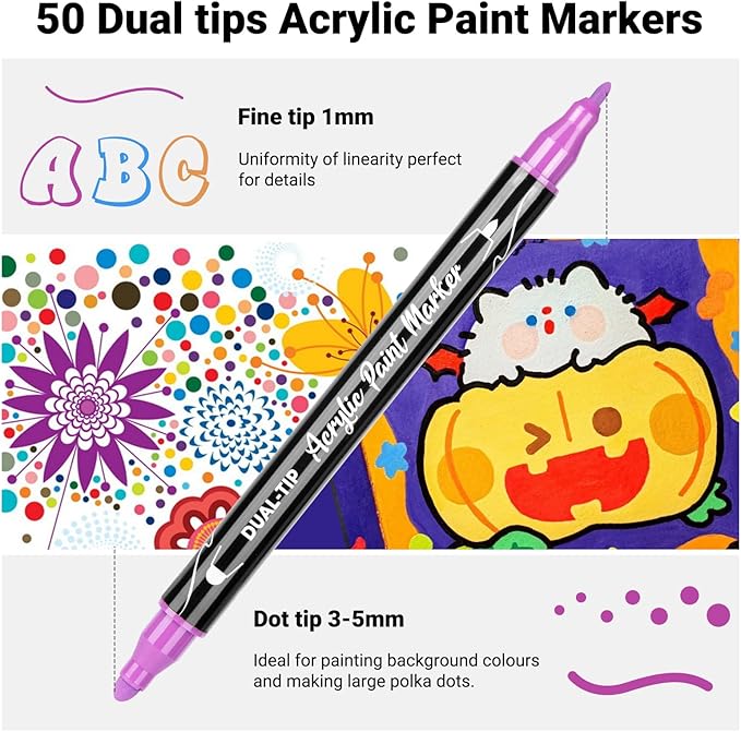 50 Colors Dual Tip Acrylic Paint Pens Cotton Nib Markers with Quick Dry Ink (1mm Fine & 5mm Dot Tips) Rock Painting, Wood, Fabric, Glass DIY Art Supplies for Adults Kids, Christmas Gifts