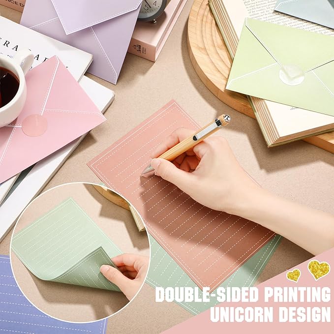 TaoBary 160 Packs Stationery Paper Set (50 Double Sided Stationery Writing Papers 50 Matching Envelopes) 60 Round Dot Sticker, 10 Design (Morandi Color)