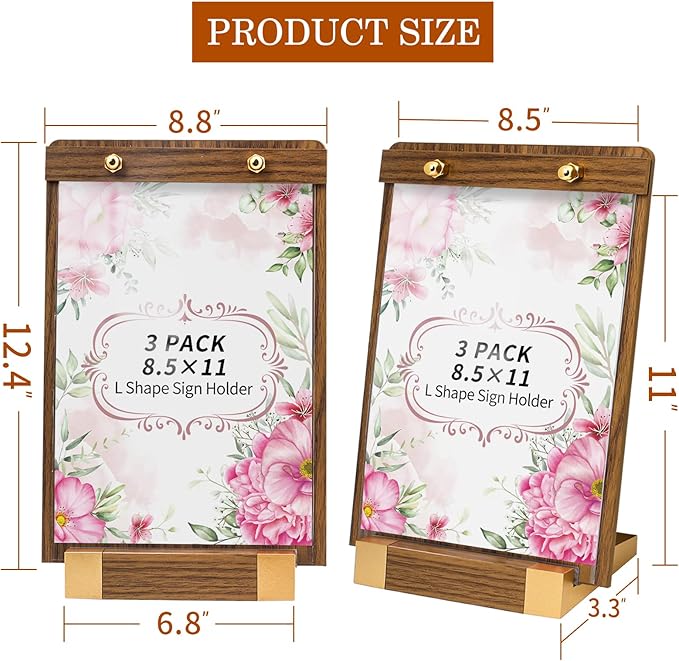 3 Pack 8.5"x11" Acrylic Sign Holder with Wood-Color Base, Tabletop Display Sign Holder Vertical for Store/Coffee Shop/Restaurant Menu Hotel/Office Poster Show