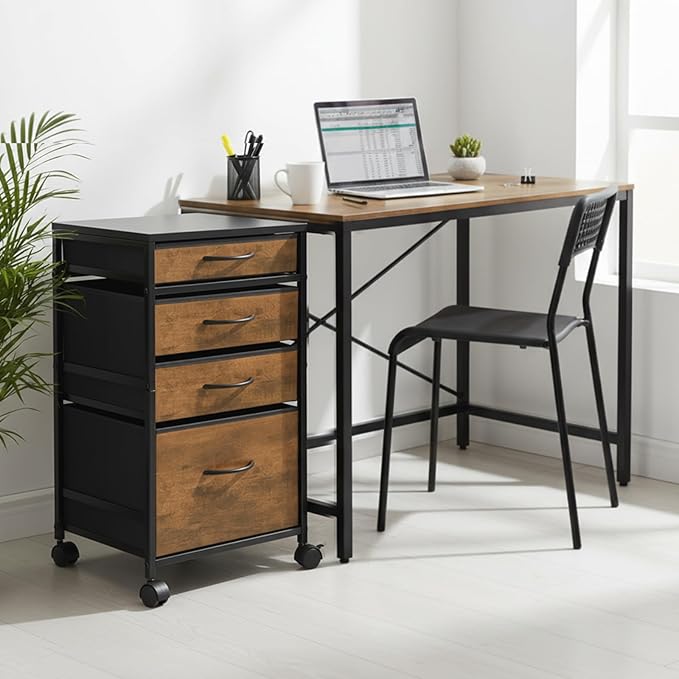 Chunful 4 Drawer Rolling File Cabinet Mobile Printer Stand Metal Cart with Fabric Vertical Filing Chest Wheels A4 Letter Size Under Desk Utility Craft Storage Organizer for Home Office(Brown)