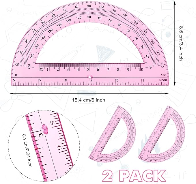 Zonon 2 Pcs 6 Inch Plastic Protractor Math Protractors 180 Degrees Angle Measurement, Translucent for Geometry Classroom Kid Student School Office Supplies(Light Pink)