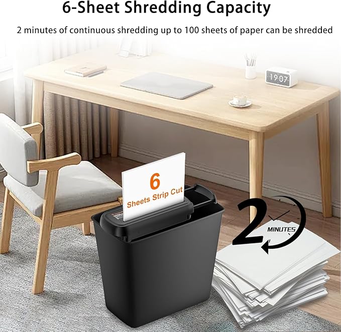 Bonsaii 6-Sheet Paper Shredder for Home Office, Portable Compact Design with Extendable Handle & Overheat Protection, 3.4 Gal Wastebasket