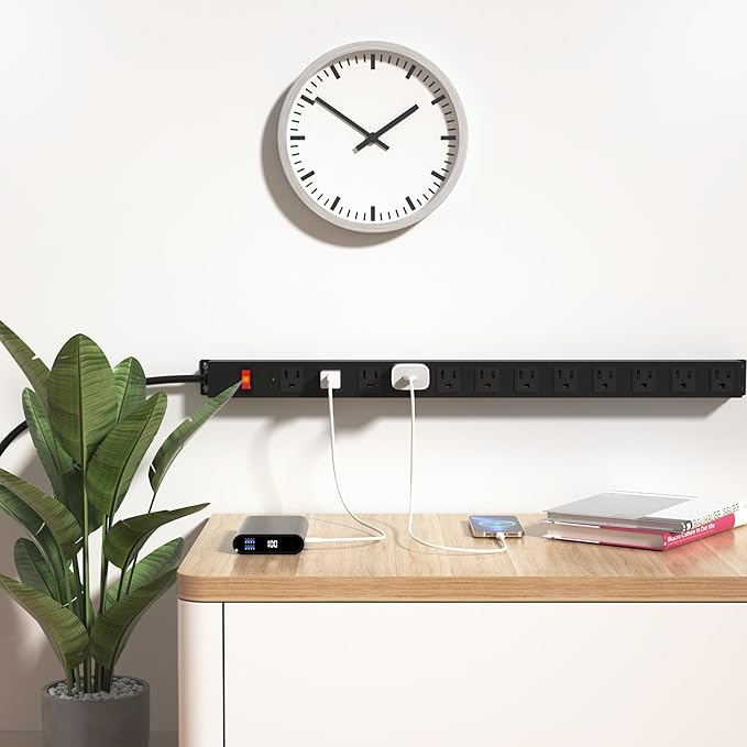 12 Outlet Long Power Strip Surge Protector with 2100 Joules, 6FT Power Cord, Wide Spaced Outlet Power Bar, Overload Protection Switch, Industrial Heavy Duty for Work Bench, Shop, Garage (Black)…