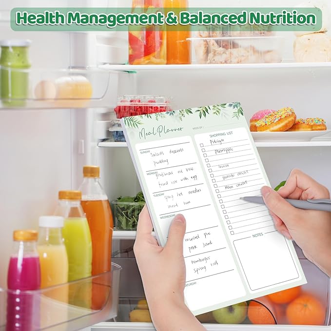 Meal Planner for fridge with Pen Holder, 60 Sheets 7x10'' Magnetic Meal Planner and Grocery List Undated Weekly Meal Planner with Tear off Shopping List for Meal Planning and Shopping, Green Leaf