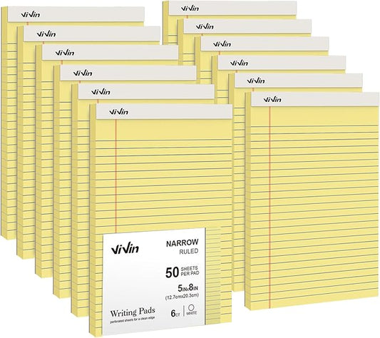 ViVin 5 x 8 Inch Legal Pads, 12 Pack, Narrow Ruled, 50 Sheets Per Writing Pad, Perforated Note Pads Ideal for Home, Office, Business, 600 Sheets, Canary Yellow Paper