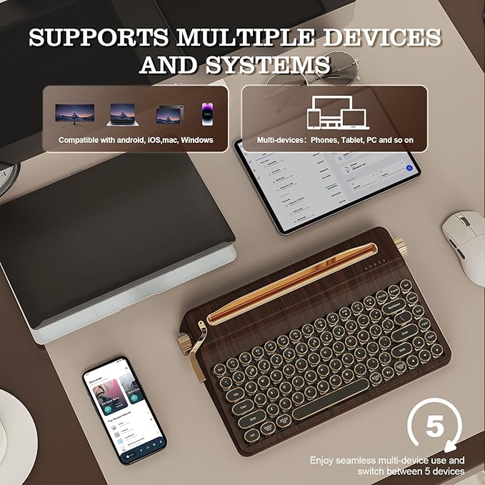YUNZII QL75 Wireless Typewriter Hot Swap Retro Mechanical Keyboard,Punk Round Keycaps,RGB Backlit QMK/VIA Programmable, Multi-Device Keyboard with 2.4GHz/Type-C/BT5.0 (Wood, Onyx Switch)