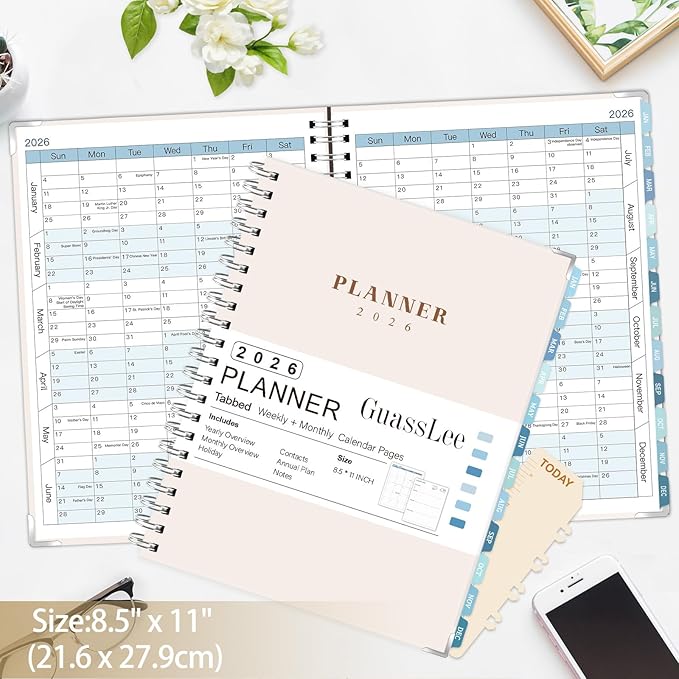GuassLee Large 2026 Planner, Weekly and Monthly Planner from January 2026-December 2026, 8.5"x 11" Calendar Agenda Book with Back Pocket, Stickers for Home Office School Supplies, A4 Size, Khaki