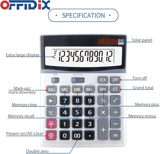 OFFIDIX Large Key Dual Power Electronic Calculator, Portable 12 Digit Large LCD Display Desk Calculator for Daily and Basic Office