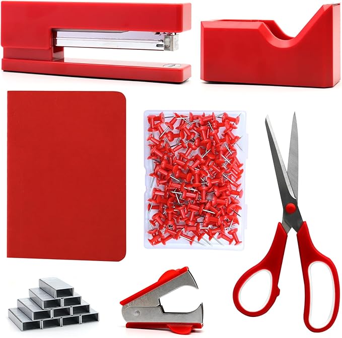 Red Office Supplies,UPIHO Red Desk Accessories,Stapler and Tape Dispenser Set for Women with Stapler,Tape Dispenser,Staple Remover,Staples,Push Pins,Scissor and Pocket Notebook,Gift for Office Clerks