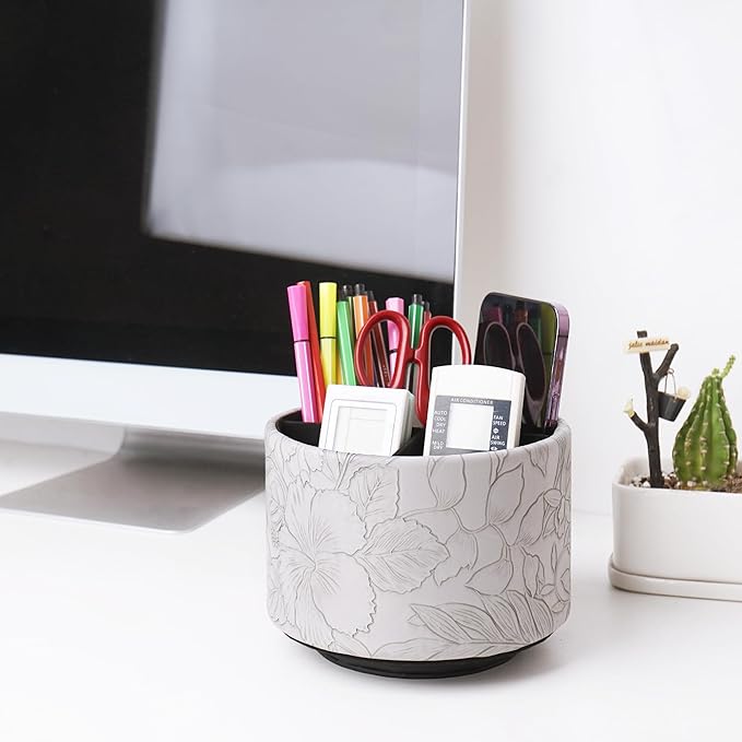 Hennaja Round Leather Art Supply Organizer,Remote Control Holder,360 Degree Spinning,Multi-Functional Pencil Holder,4 Compartments Desktop Stationary Organizer(1-Carved Grey)