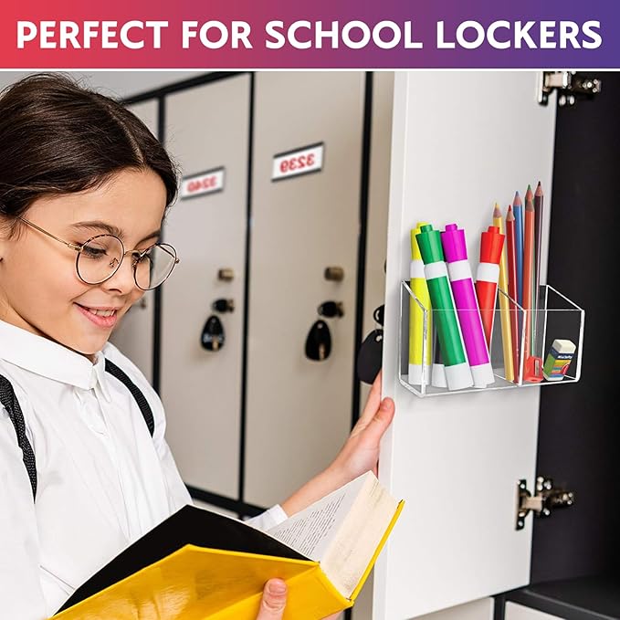 Magnetic Dry Erase Marker Holder for Whiteboard，Acrylic Magnetic Pen Holder for Fridge, 2 Compartments Whiteboard for Office, Home, Locker(Clear)-Brown