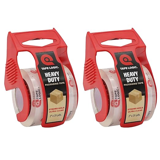 Tape Logic Heavy Duty 2in x 25yd Clear Packaging Tape with Dispenser (2-Pack), Strong Clear Packing Tape Roll Ideal for Shipping & Moving Boxes