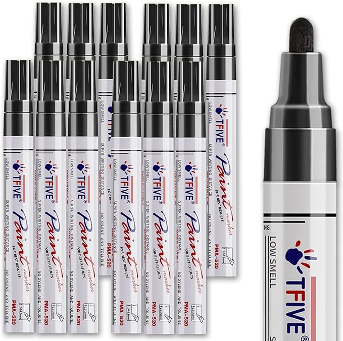 Black Paint Pens Markers - 12 Pack Oil Based Permanent Marker, Medium Tip, Never Fade, Quick Dry, Waterproof Paint Pen for Rocks Painting, Wood, Fabric, Plastic, Canvas, Glass, Metal